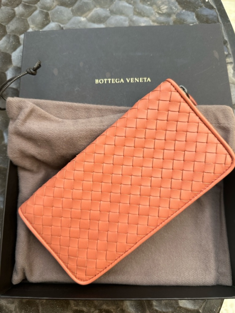 Bottega Veneta Coral Orange Intrecciato Zip Wallet